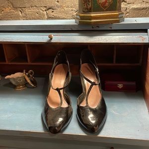 Black faux leather t- strap heel